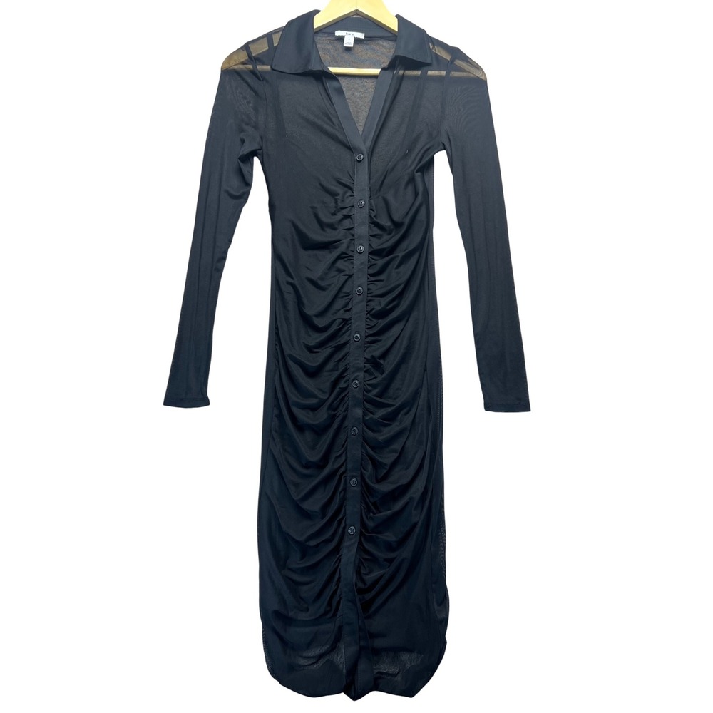 Black‎ Mesh Ruched Dress S Bodycon Long Sleeve Collared Midi Whimsigoth Party